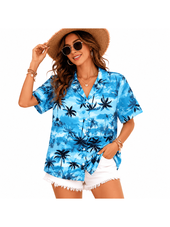 Women Hawaiian Shirt Soft Cool Summer Hawaii Tshirts Beach Tropic Print V Neck Button up Tops Floral Short Sleeve Tops