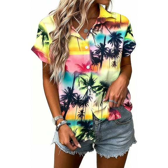 MOUSYA Women Hawaiian Shirt Soft Cool Summer Hawaii Tshirts Beach Tropic Print V Neck Button up Tops Floral Short Sleeve Tops