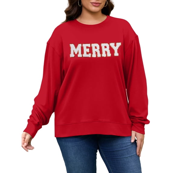MOUSYA Women Plus Size Merry Sweatshirt Women Christmas Glitter Patch Merry Shirt Merry Letter Print Long Sleeve Oversized Pullover Tops,2X