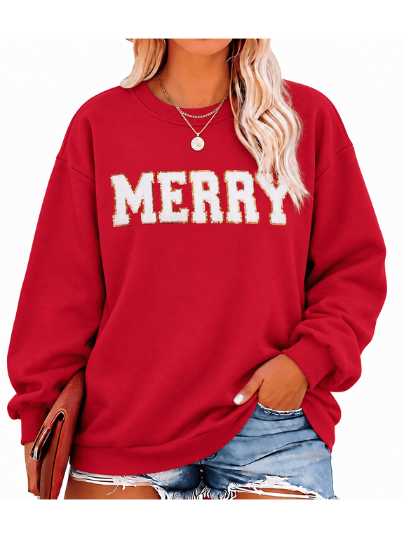 Women Plus Size Merry Sweatshirt Women Christmas Glitter Patch Merry Shirt Merry Letter Print Long Sleeve Oversized Pullover Tops,1X