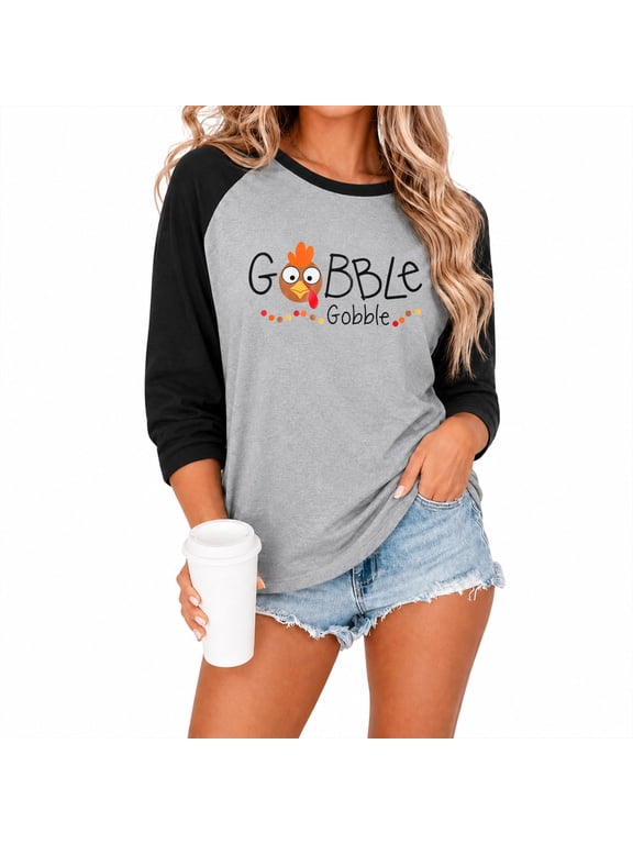 Women Thanksgiving Gobble Shirt Funny Turkey Graphic Tshirt Letter Print Raglan Long Sleeve Tee Tops