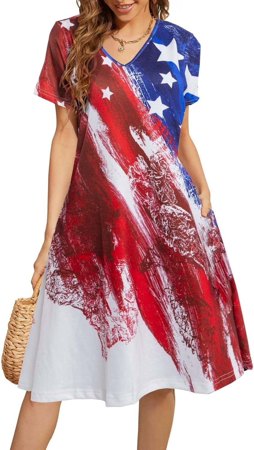 MOUSYA Women's 4th of July Mid-Length Dress 2026 USA Flag Print V-Neck