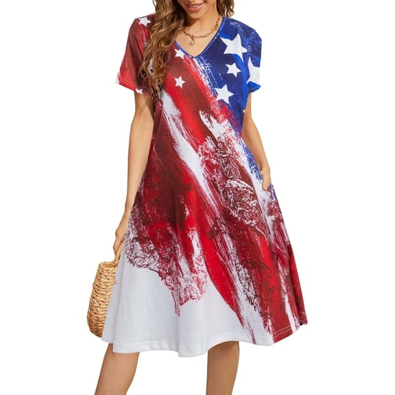 MOUSYA Women's 4th of July Mid-Length Dress 2026 USA Flag Print V-Neck Patriotic Casual Summer Graphic T-shirt Dress