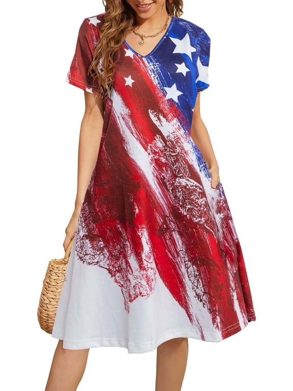 Women's 4th of July Mid-Length Dress 2026 USA Flag Print V-Neck Patriotic Casual Summer Graphic T-shirt Dress