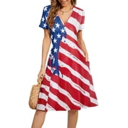 Women's 4th of July Mid-Length Dress 2026 USA Flag Print V-Neck Patriotic Casual Summer Graphic T-shirt Dress