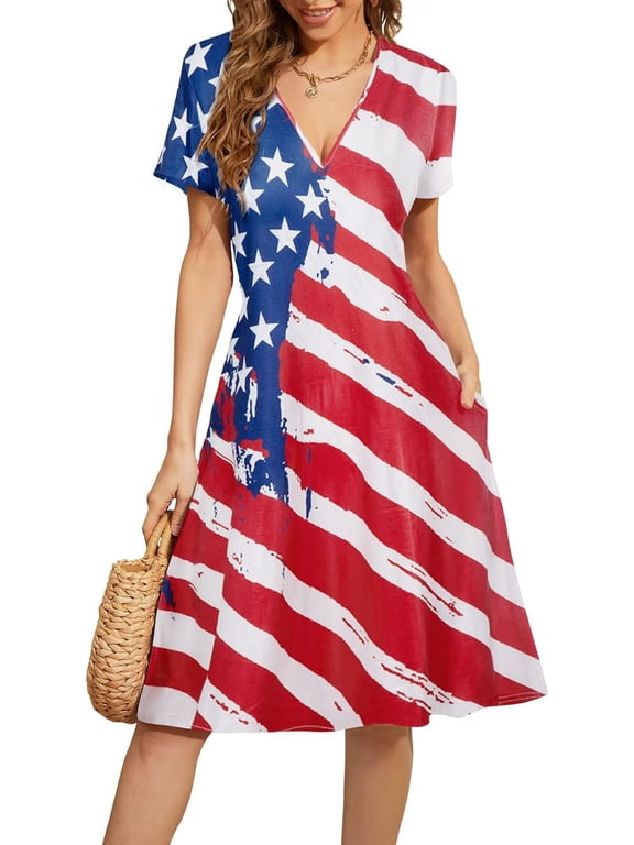 Women's 4th of July Mid-Length Dress 2026 USA Flag Print V-Neck Patriotic Casual Summer Graphic T-shirt Dress