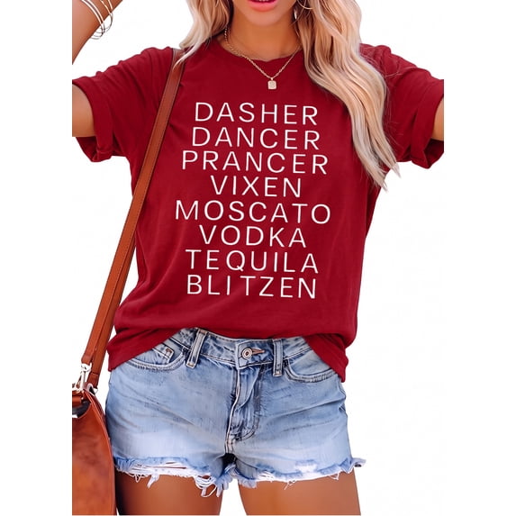 MOUSYA Women's Christmas Shirts Dasher Letter Print Tees Xmas Short Sleeve T-Shirt Red S