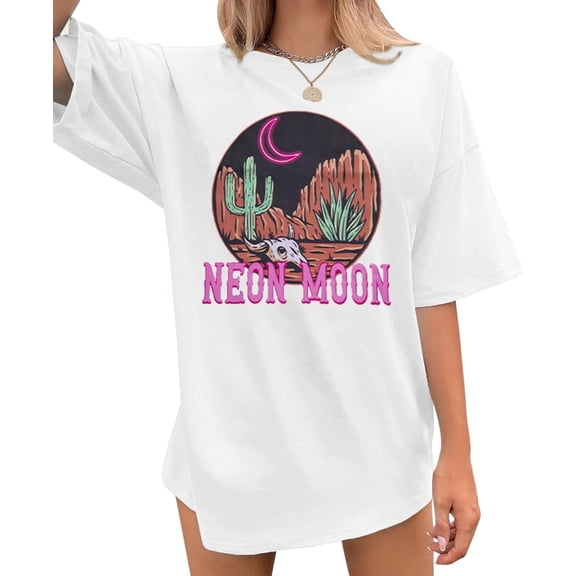 MOUSYA Women's Oversized T-Shirts Neon Moon Shirts Classic Country Cowgirl T-Shirt Music Vintage Graphic Tee Tops