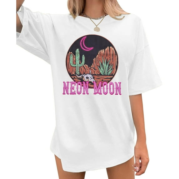 MOUSYA Women's Oversized T-Shirts Neon Moon Shirts Classic Country Cowgirl T-Shirt Music Vintage Graphic Tee Tops