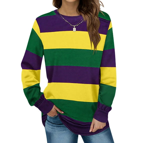 MOUSYA Womens Mardi Gras Shirt Stripes Fat Tuesday Tee Shirt New Orleans Carnival Party Long Sleeve Shirts Top