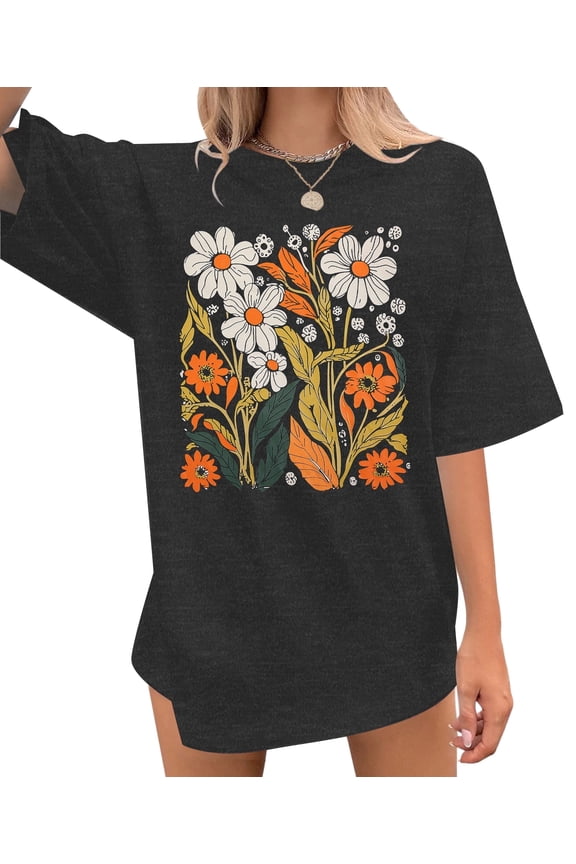 Womens Oversized Graphic Tshirt,Vintage Wildflower Shirt Boho Hiking T Shirt Nature Life Tee Summer Plant Tops