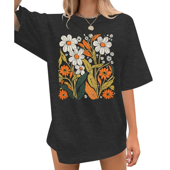 MOUSYA Womens Oversized Graphic Tshirt,Vintage Wildflower Shirt Boho Hiking T Shirt Nature Life Tee Summer Plant Tops