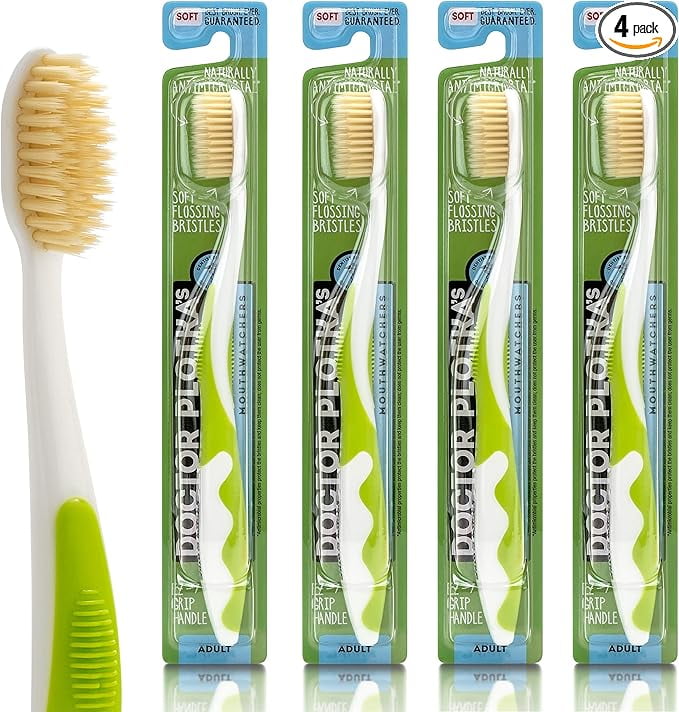 MOUTHWATCHERS Dr Plotkas Extra Soft Bristle Flossing Toothbrush Manual Soft Toothbrush for Adults | Ultra Clean Nano Toothbrush | Good for Sensitive Teeth and Gums | Green, 4 Count