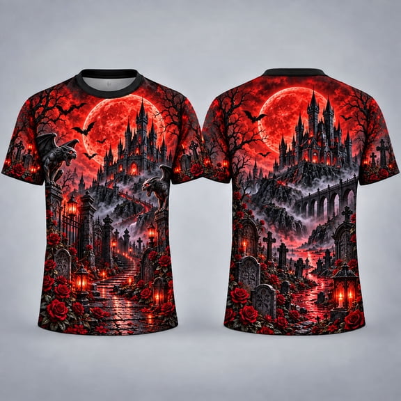 MOVAAX Blood Moon Vampire Castle 3D Unisex T-Shirt, Gothic AOP Tee