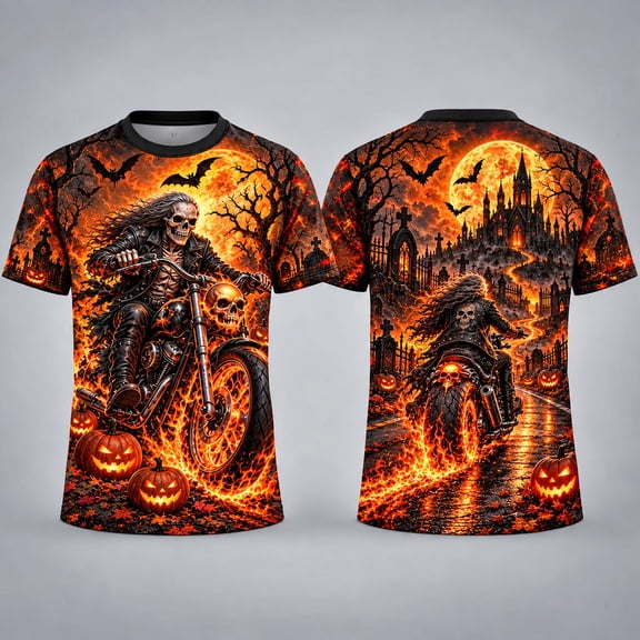 MOVAAX Flaming Skeleton Biker 3D Unisex T-Shirt, Motorcycle AOP Tee