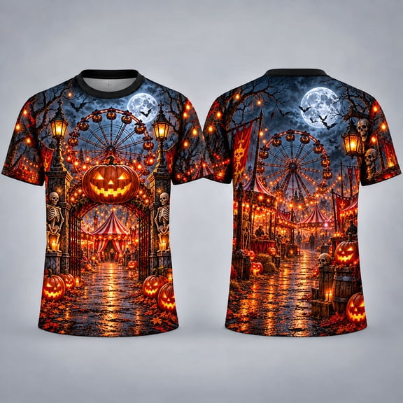 MOVAAX Haunted Carnival 3D Unisex T-Shirt, Pumpkin AOP Graphic Tee