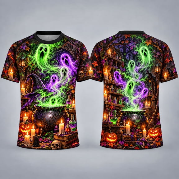 MOVAAX Neon Ghost Cauldron 3D Unisex T-Shirt, Witchy AOP Tee