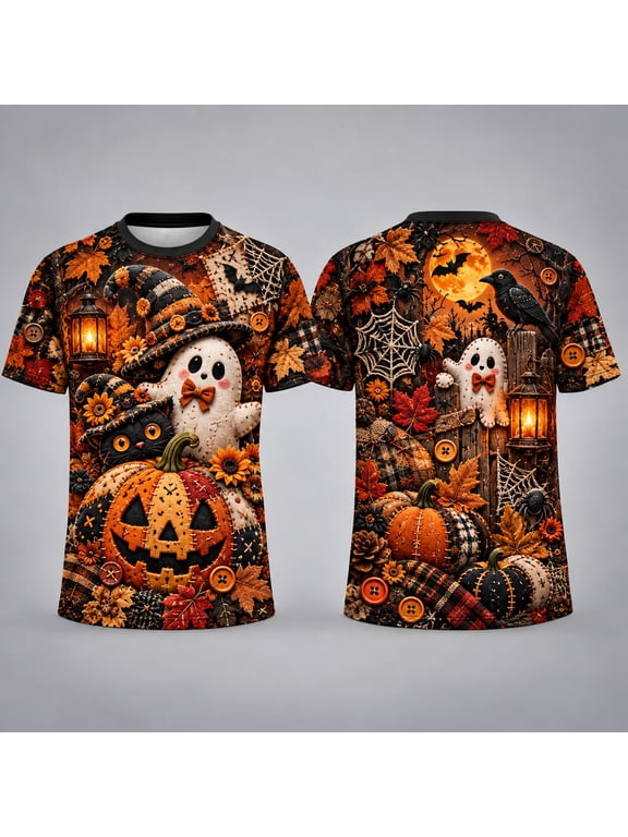 Patchwork Ghost Pumpkin Cozy Unisex T-Shirt, 3D Illusion All-Over Print