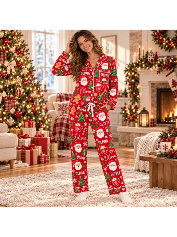 Personalized Christmas Pajama Set for Women, Red Santa & Hot Cocoa Custom Name Print, Long-Sleeve Shirt and Long Pants