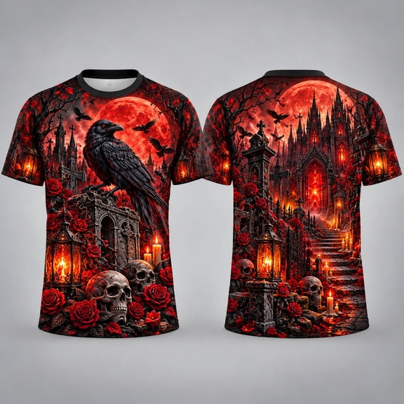 MOVAAX Raven Skull Graveyard 3D Unisex T-Shirt, Gothic Blood Moon AOP Tee