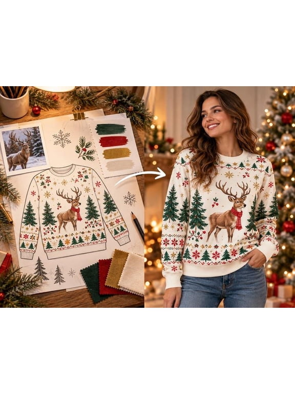 Reindeer Scarf Ugly Sweater, Christmas Winter Forest Snowflake Print
