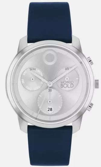 MOVADO BOLD 3601030 TREND SILVER CHRONOGRAPH DIAL BLUE LEATHER STRAP MENS WATCH