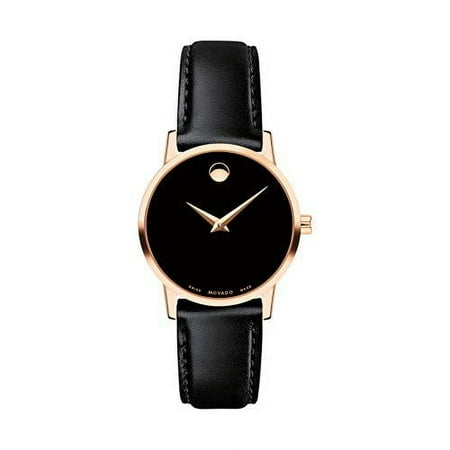 MOVADO Swiss Museum Classic Black Dial Women's Rose Gold PVD Slim Leather Watch