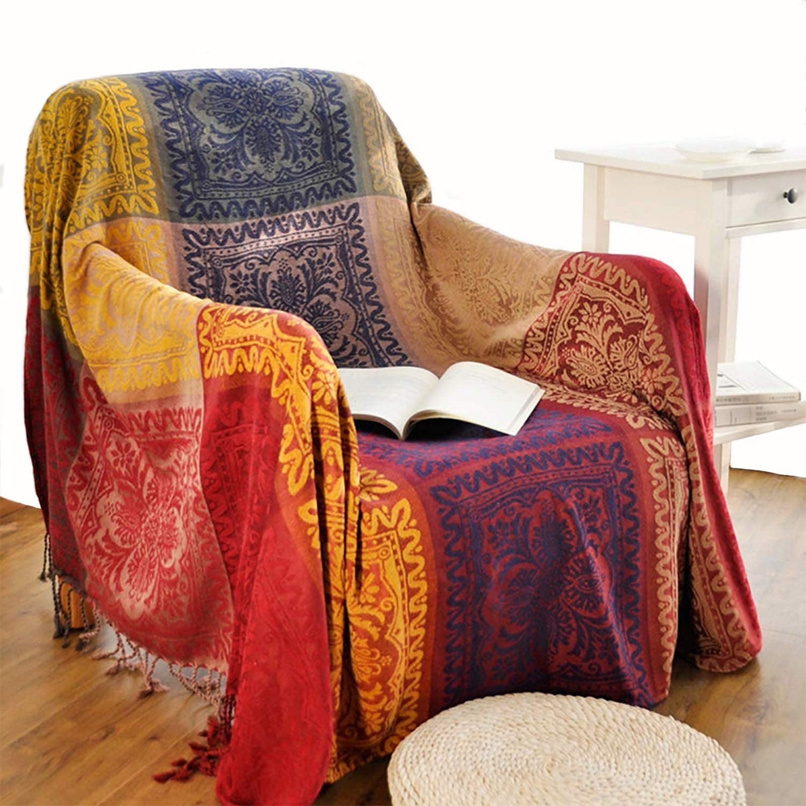MOVANNE 75x60 Inch Machine Wash Boho Tribal Throws Blankets Colorful Bohemian Hippie Chenille Throw Covers Couch Furniture Sofa Chair Loveseat (Red, S:75x60)
