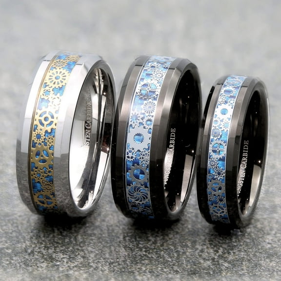 Metals Jewelry Adult Men's / Women's Steampunk Gear Inlay 8mm Tungsten Carbide Black Plated Wedding Band Ring Size 11