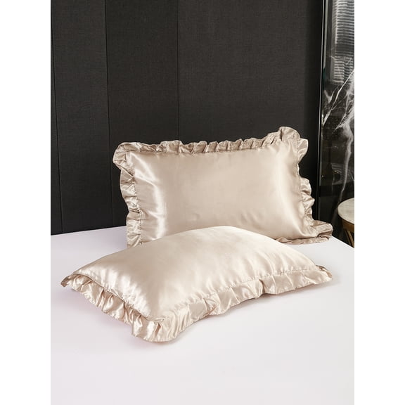 MOVE OVER Beige Taupe Ruffle Pillowcases King, Silky Satin Pillow Cover Set of 2, Luxury Satin Ruffle Pattern, 2 Pack