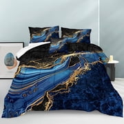 MOVE OVER Blue Gold Marble Comforter Set Queen Blue Marble Bedding Sets Abstract Marble Textured Pattern Microfiber Filling Down Duvet