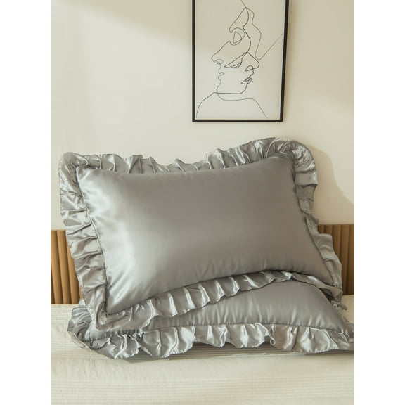 MOVE OVER Grey Ruffle Pillowcases Queen, Silky Satin Pillow Cover Set of 2, Luxury Satin Ruffle Pattern, 2 Pack
