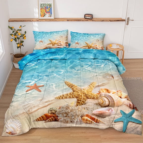 MOVE OVER Turquoise Beach Comforter Set King Ocean Bedding Sets Turquoise Sea Conch Starfish Pattern Microfiber Filling Down Duvet