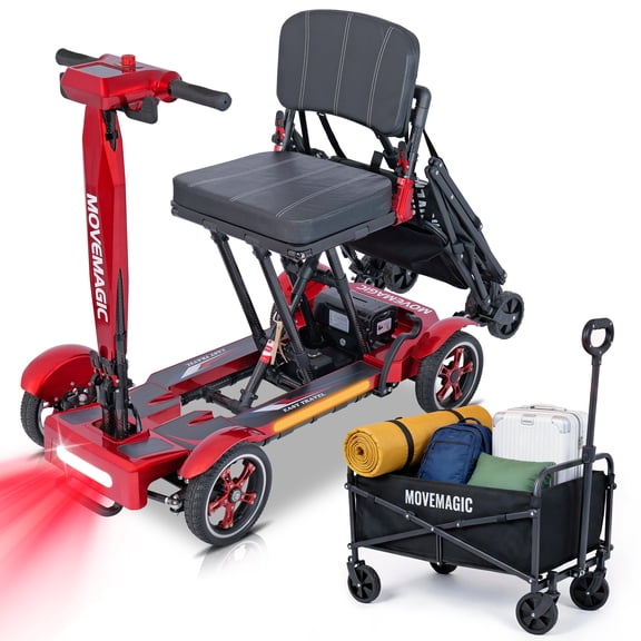 MOVEMAGIC Foldable Lightweight Carbon Fiber Frame 4-Wheel Mobility Scooter with 80L Camping Cart, Red