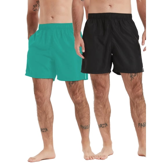 MOVEUP Men's 2 Pack / 3 Pack Quick Dry Beach Shorts, Elastic Drawstring Waist Casual Swim Boardshorts, Summer Vacation Shorts in Black Orange Green