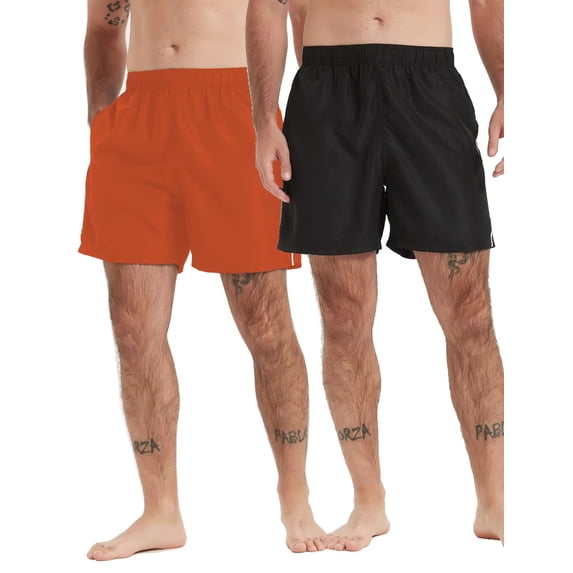 MOVEUP Men's 2 Pack / 3 Pack Quick Dry Beach Shorts, Elastic Drawstring Waist Casual Swim Boardshorts, Summer Vacation Shorts in Black Orange Green