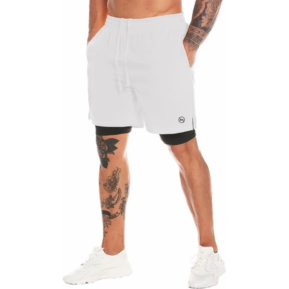 MOVEUP Men's 2 in 1 Athletic Training Shorts with Liner and Compression Pocket - White, L