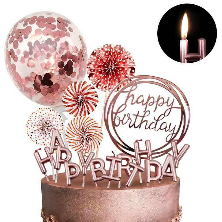 MOVINPE Rose Gold Cake Topper Decoration with Happy Birthday Candles Happy  Birthday Banner Confetti Balloon Paper Fans For Rose Gold Theme Party Decor