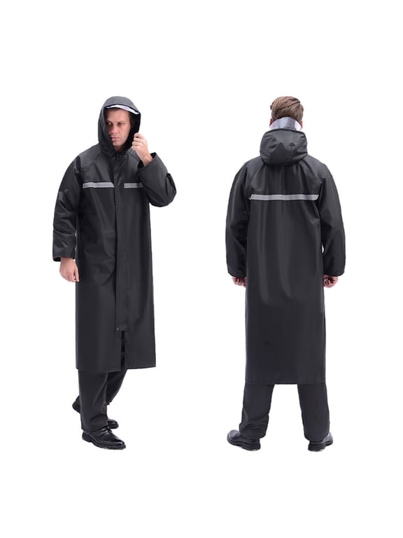 Raincoat Waterproof Men's Long Rain Jacket Lightweight Rainwear Reflective Reusable with Hood, Black