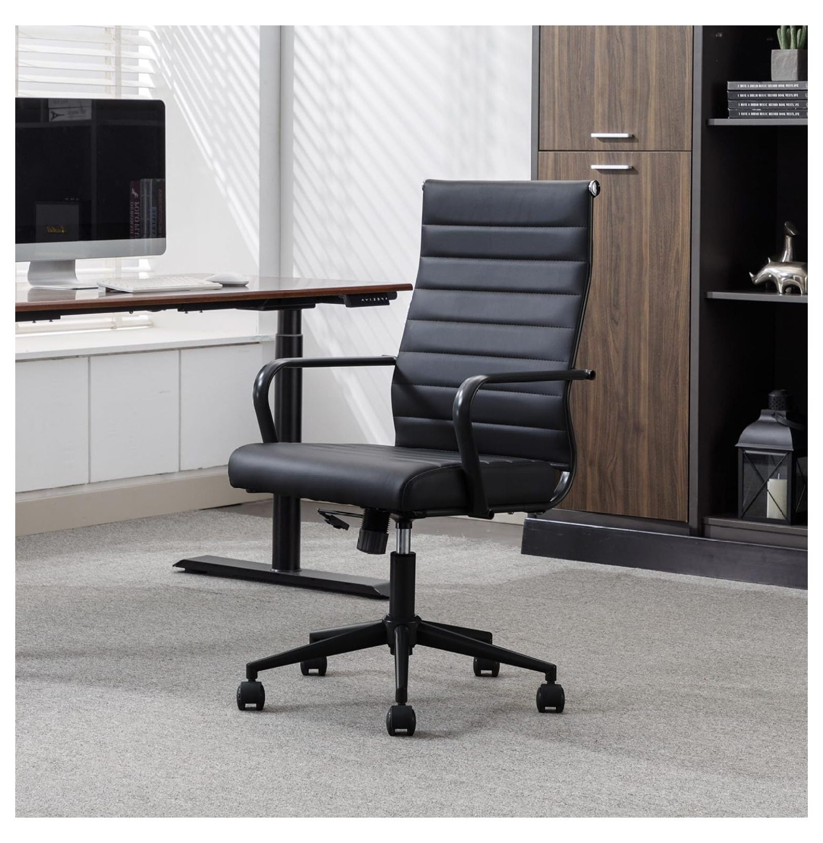 MOWENTA Black Office Desk Chair, Ergonomic Leather Modern Conference