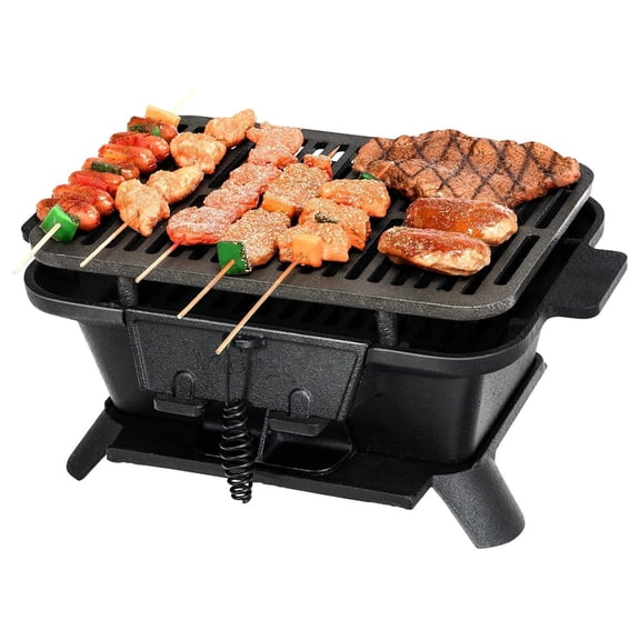 MOWENTA Charcoal Grill Portable Barbecue Smoker Grill, Cast Iron Hibachi Grill with Double-sided Grilling Net Air Regulating Door Fire Gate for Outdoor Cooking Camping Hiking Party