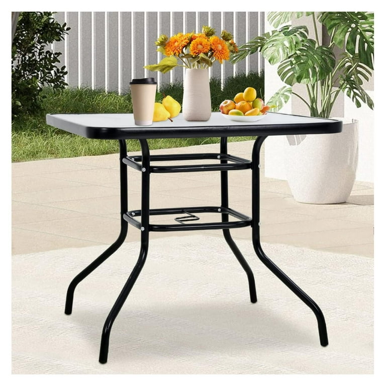 MOWENTA Outdoor Patio Garden Table Square Patio Dining Table with Umbrella Hole Tempered Glass Top All Weather Small Metal Outside Clearance Patio Table for Pool Backyard Yard Patio Garden Walmart