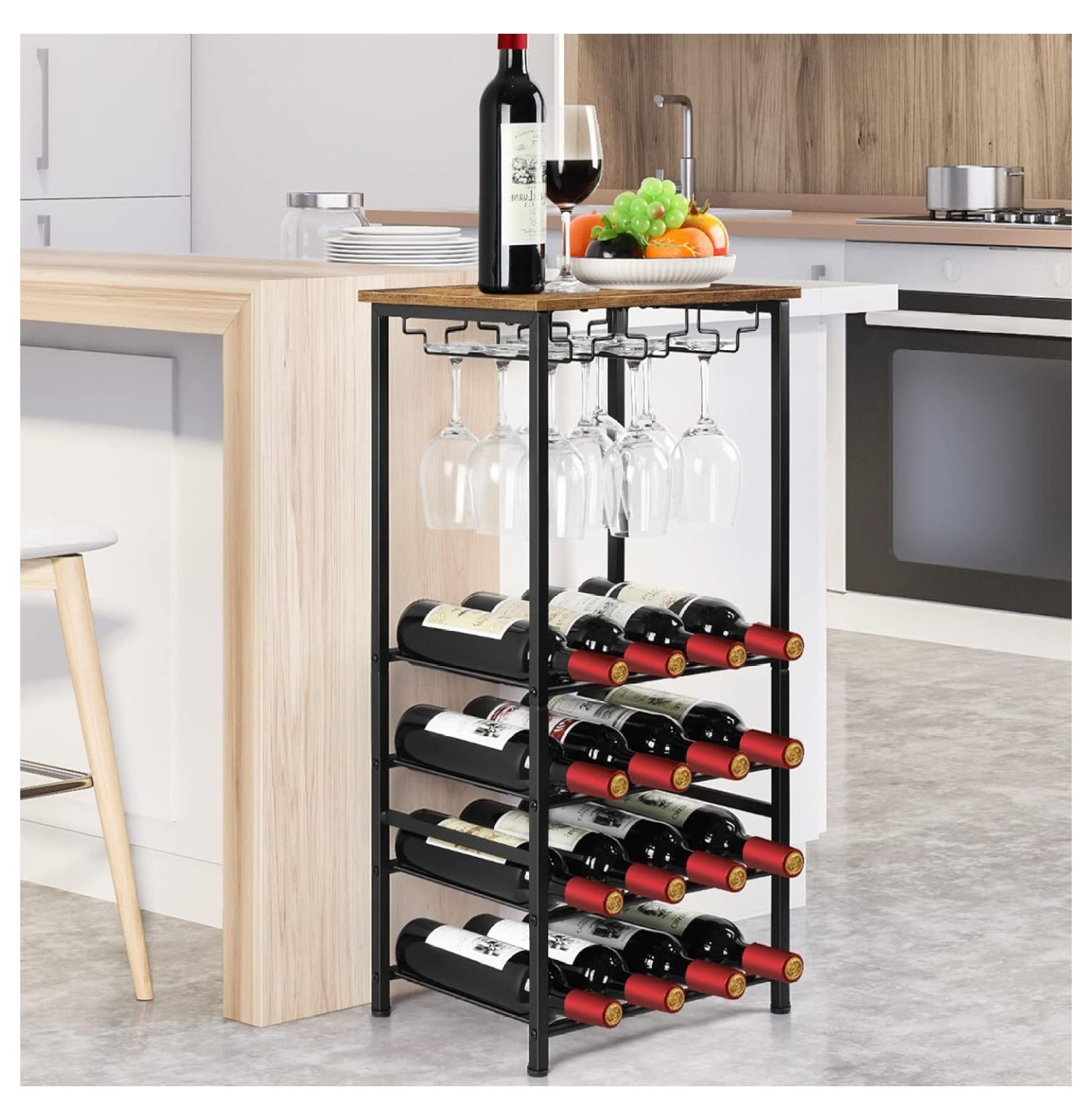 MOWENTA Wine Rack Freestanding Floor 16 Bottles Wine Rack with 9 Glass
