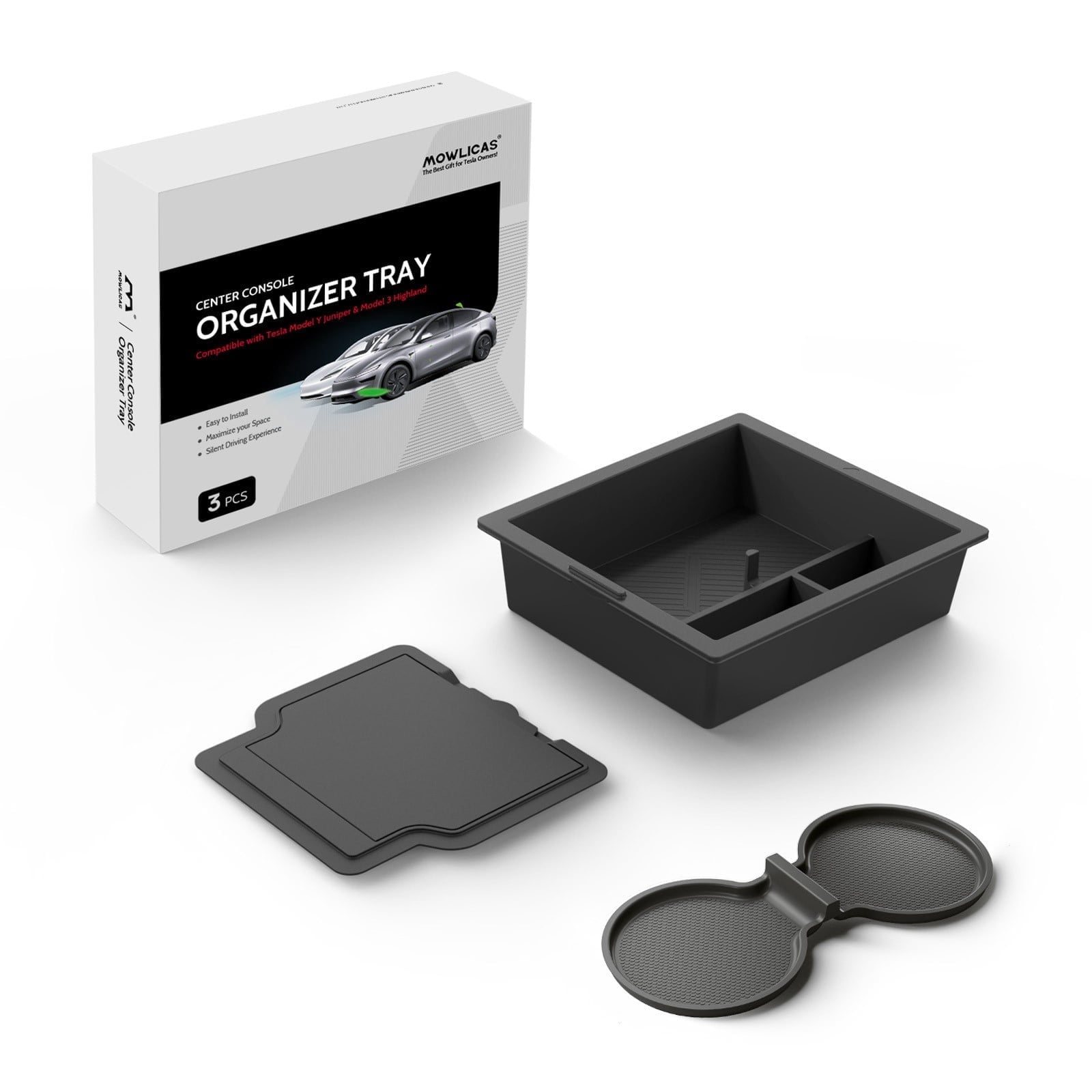 MOWLICAS Food-Grade Silicone Center Console Organizer, Tesla New Model Y 2026/2025 (Juniper) & Model 3 2024-2026 (Highland) Accessories, Bigger Divider Design for Maximize Space (Black)