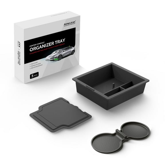 MOWLICAS Food-Grade Silicone Center Console Organizer, Tesla New Model Y 2026/2025 (Juniper) & Model 3 2025/2024 (Highland) Accessories, Bigger Divider Design for Maximize Space (Black)