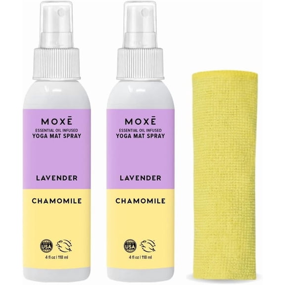 MOXE Yoga Mat Cleaning Spray Lavender and Chamomile Essential Oils with Microfiber Towel 2pk 4 oz Each