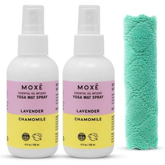 MOXE Yoga Mat Cleaning Spray Lavender and Chamomile Essential Oils with Microfiber Towel 2pk 4 oz Each