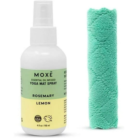 MOXE Yoga Mat Cleaning Spray Rosemary and Lemon Essential Oils with Microfiber Towel 4 oz Bottle