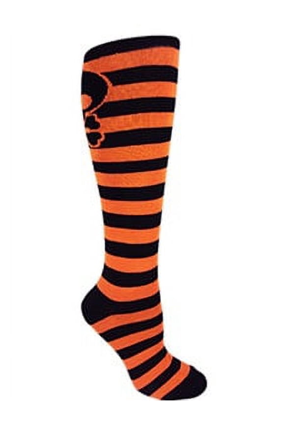 Black and Orange Halloween Striped Skull Knee-High Socks