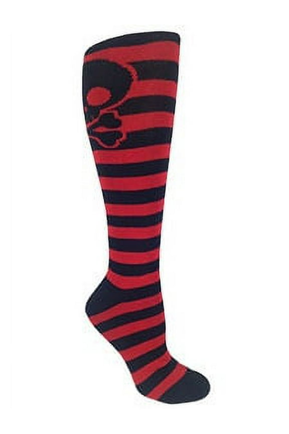 Black and Red Striped Skater Skull Knee-High Socks